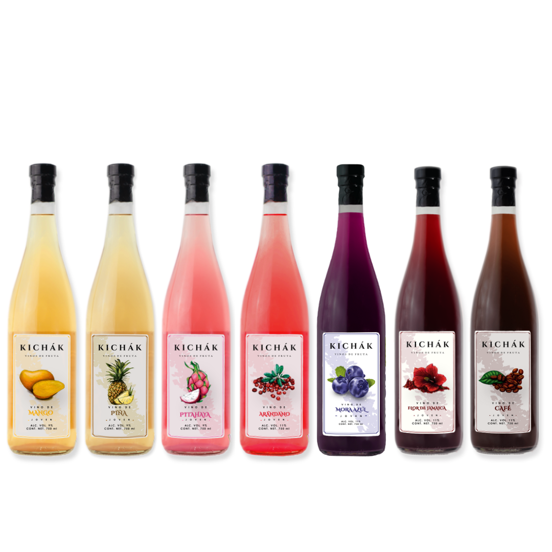 Pack 7 botellas, Vino de fruta Kichák: Arándano, Piña, Jamaica, Pitahaya, Mango, Mora y Café 750 ml