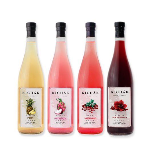 Pack 4 botellas, Vino de fruta Kichák: Arándano, Piña, Jamaica y Pitahaya 750 ml - Vinos Kichák